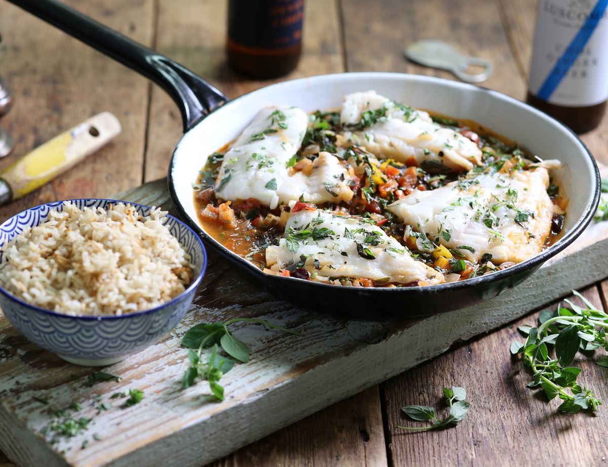 Braised Haddock with Olives & Oregano