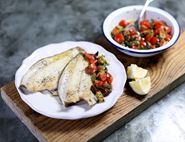 Grilled Lemon Sole with Tomatoes, Capers & Olives
