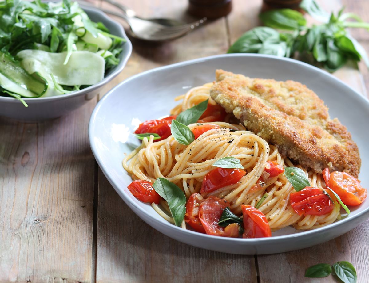 Golden Pork Schnitzel with Tomato & Basil Spaghetti