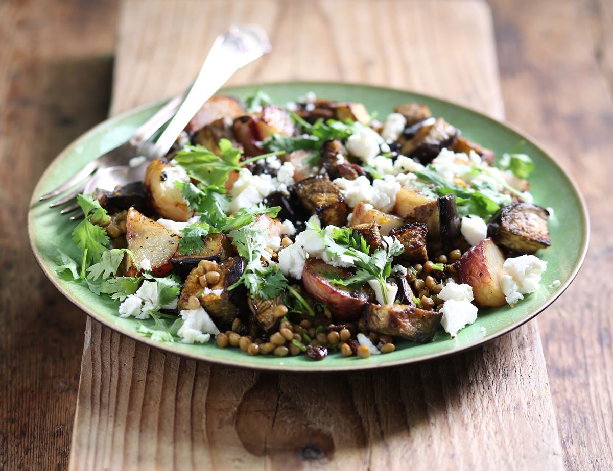 Grilled Peach, Feta & Aubergine Salad