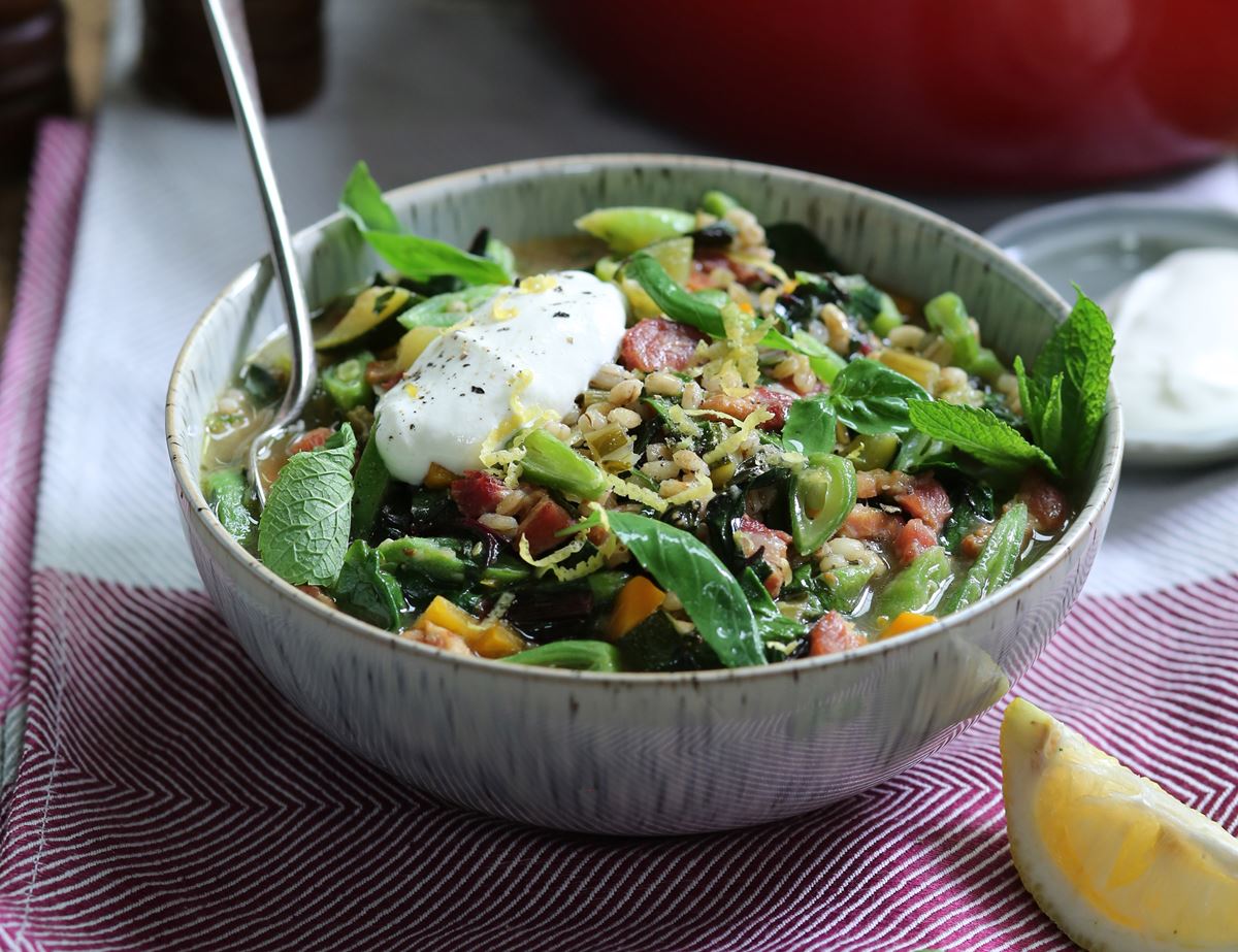 Summer Greens Soup with Lardons