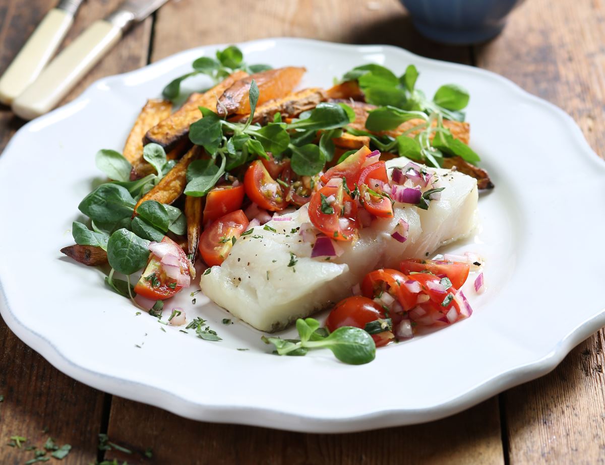 Baked Cod with Sweet Potato Chips & Tarragon Salsa