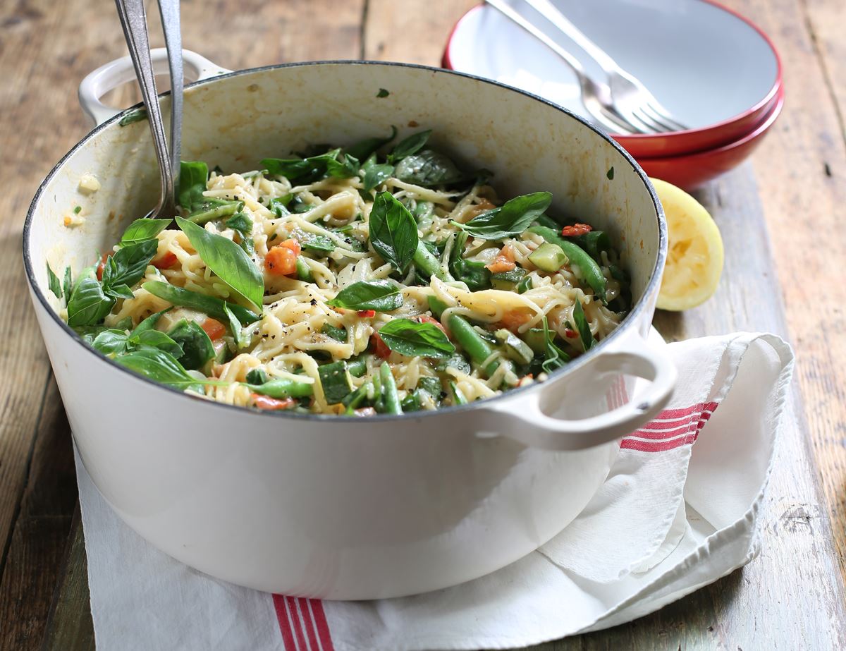 One Pot Spaghetti with Summer Greens