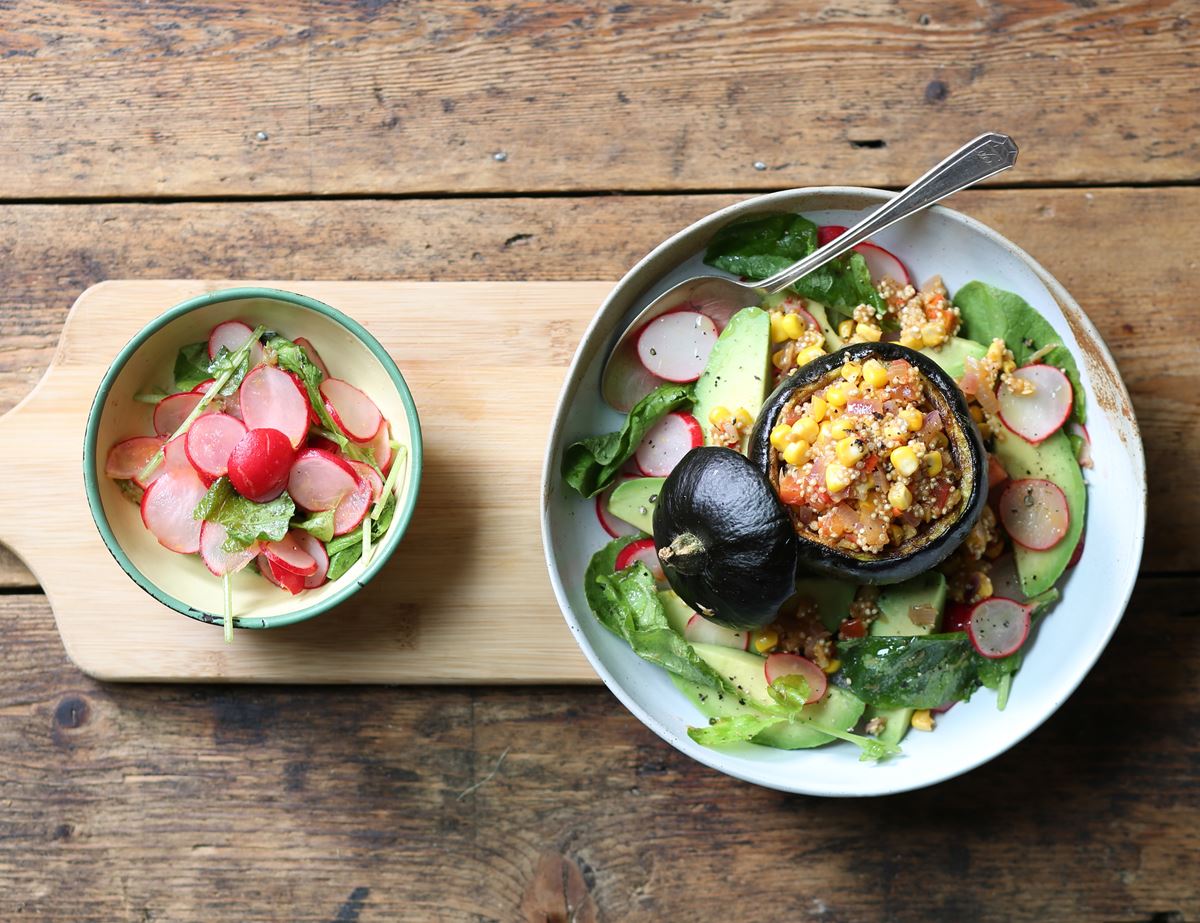 Oaxaca Stuffed Gem Squash with Avocado & Radish Salad