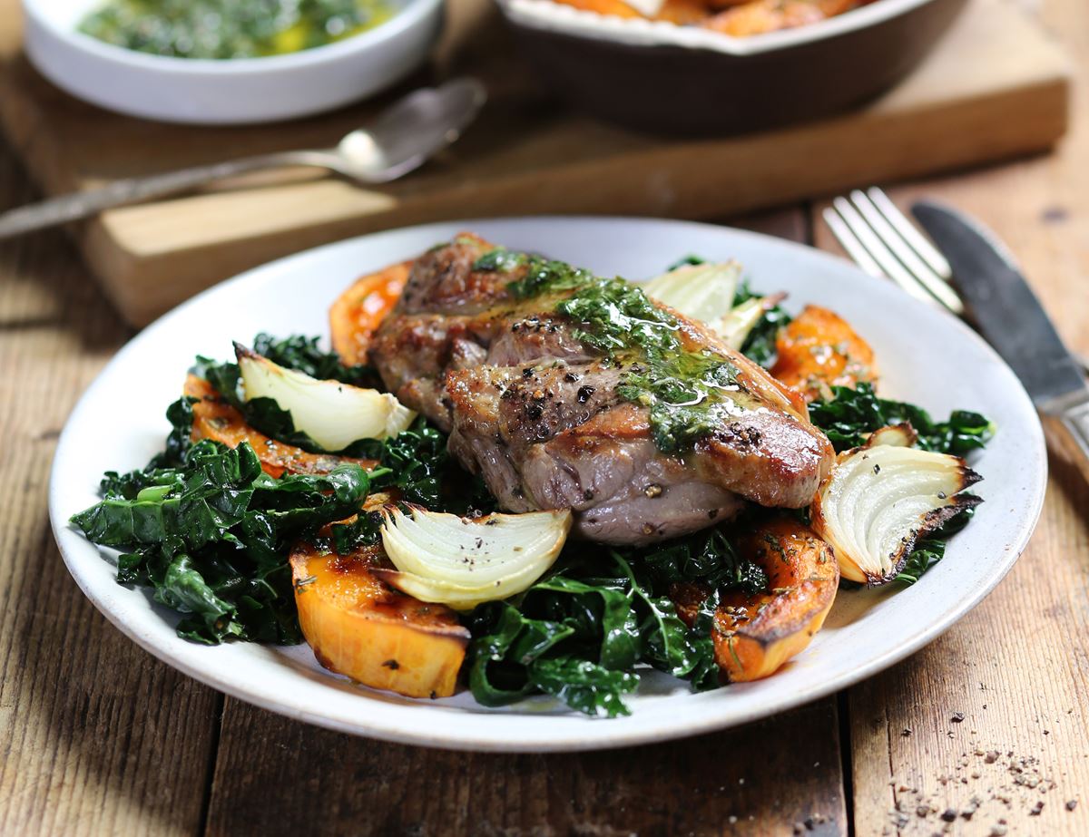 Minted Lamb Steaks with Roast Squash & Cavolo Nero