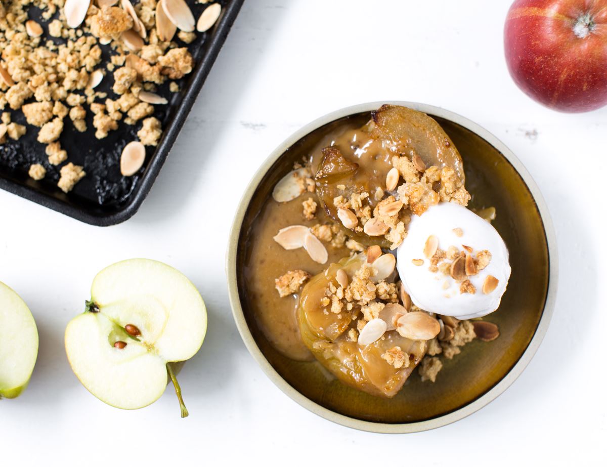 Baked Apples with Miso Butterscotch with Almond Crumble