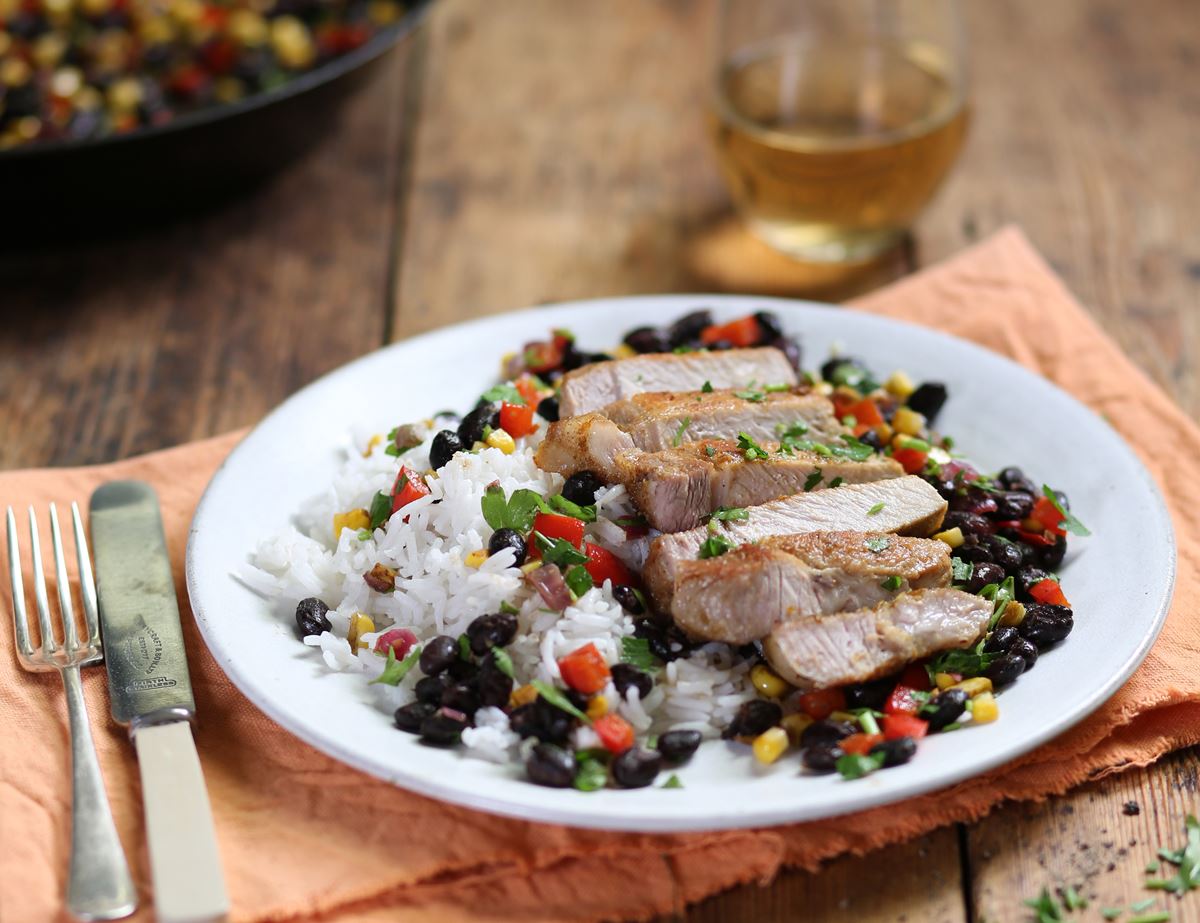 Cumin Crusted Pork Steaks with Deep South Succotash