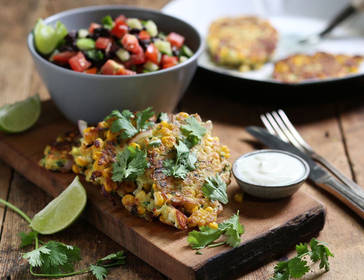 Sweetcorn, Feta & Courgette Fritters with Mexican Bean Salad