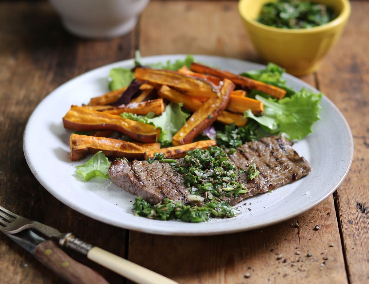 Minute Steaks with Mojo Verde Sauce & Sweet Potato Chips