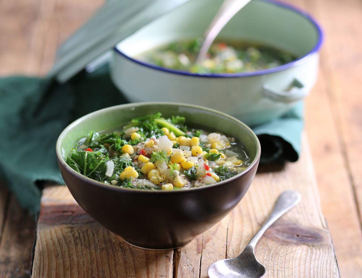 Popping Sweetcorn, Kale & Buckwheat Soup