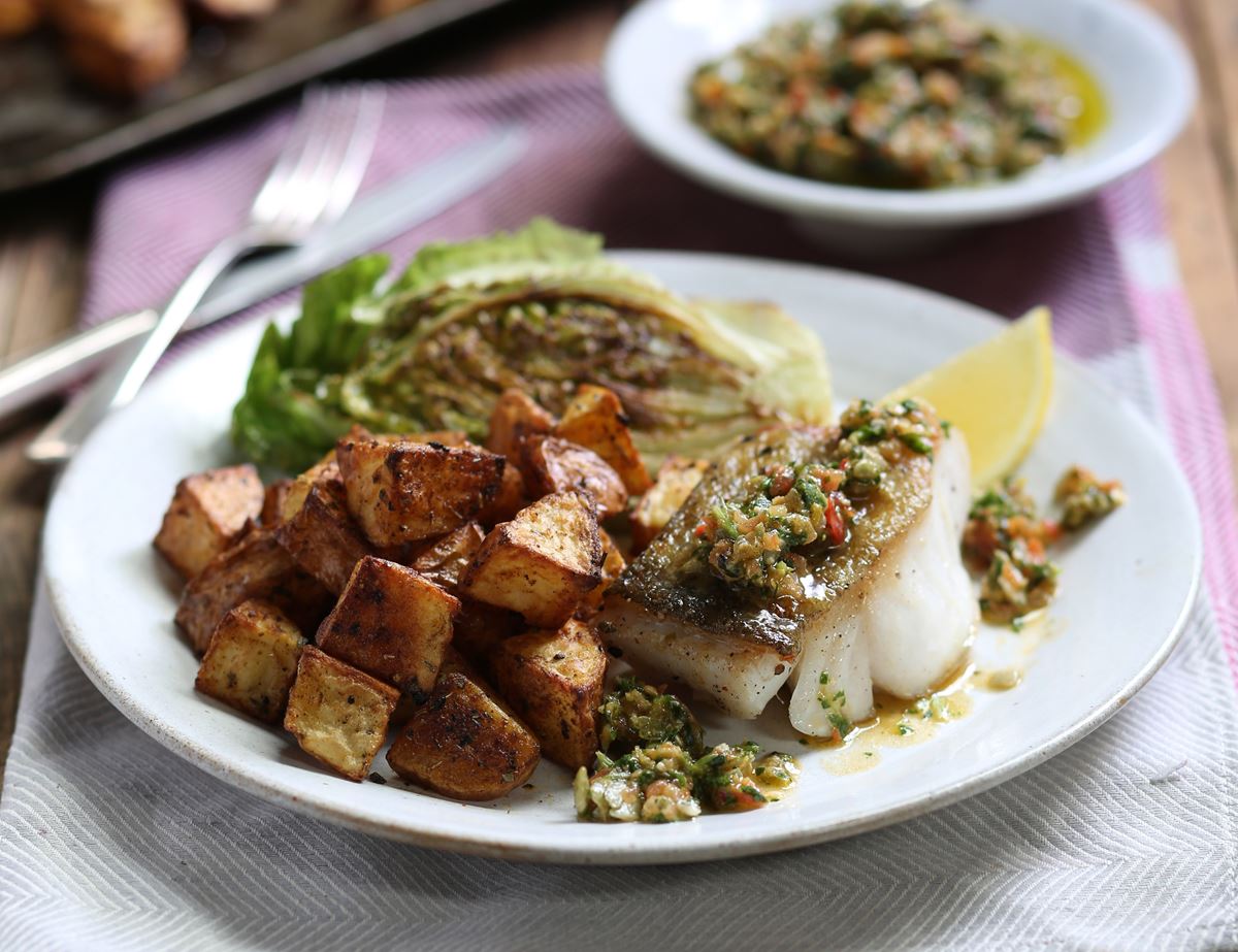 Pan-Fried Cod with Crispy Cajun Potatoes & Pumpkin Seed Salsa