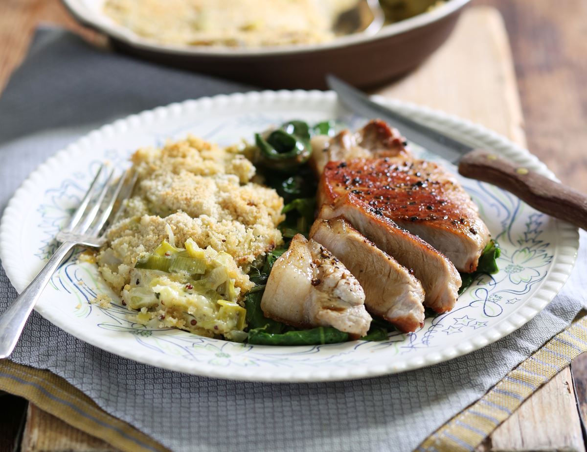 Golden Pork Steaks with Creamy Leek Gratin