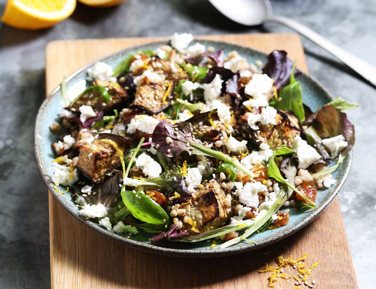 Sesame Roasted Aubergines with Feta & Date Salad