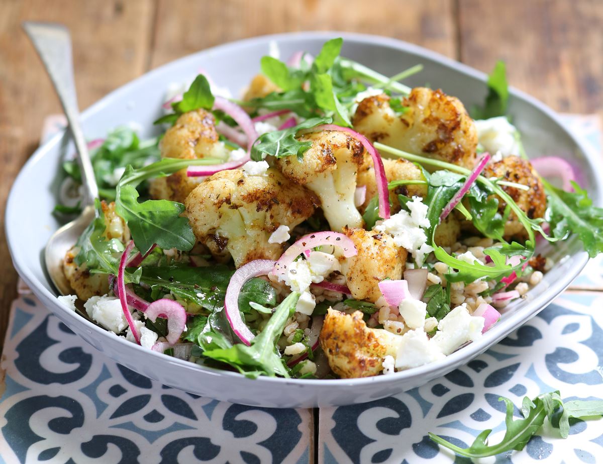 Crispy Cajun Cauliflower with Feta & Herbed Barley