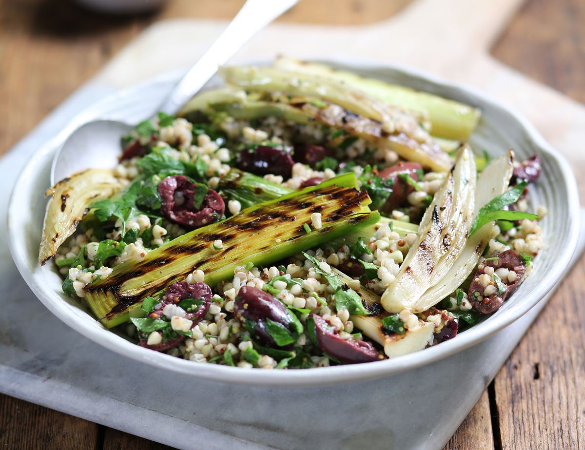 Grilled Fennel & Leek Salad with Olives, Lemon & Buckwheat