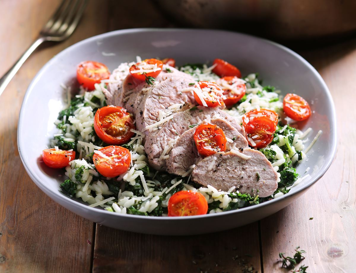 Roast Pork Tenderloin with Creamy Kale Risotto