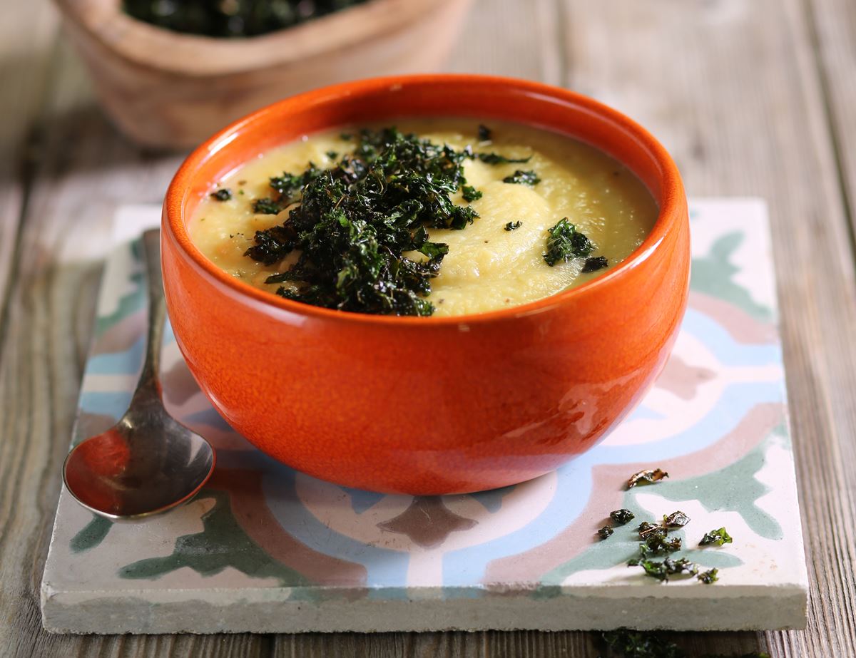 Celeriac Soup with Crispy Kale