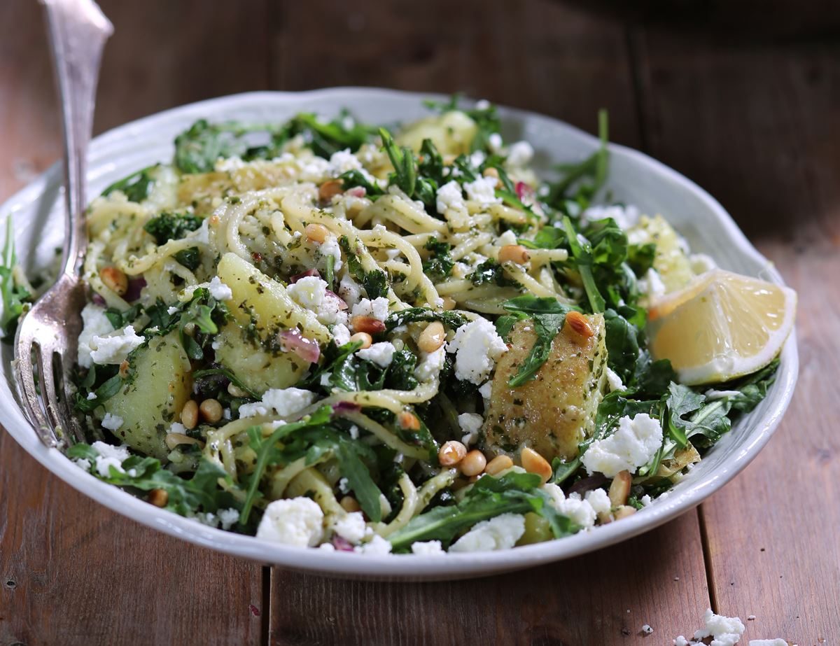 Spaghetti with Potato & Feta Rocket Pesto