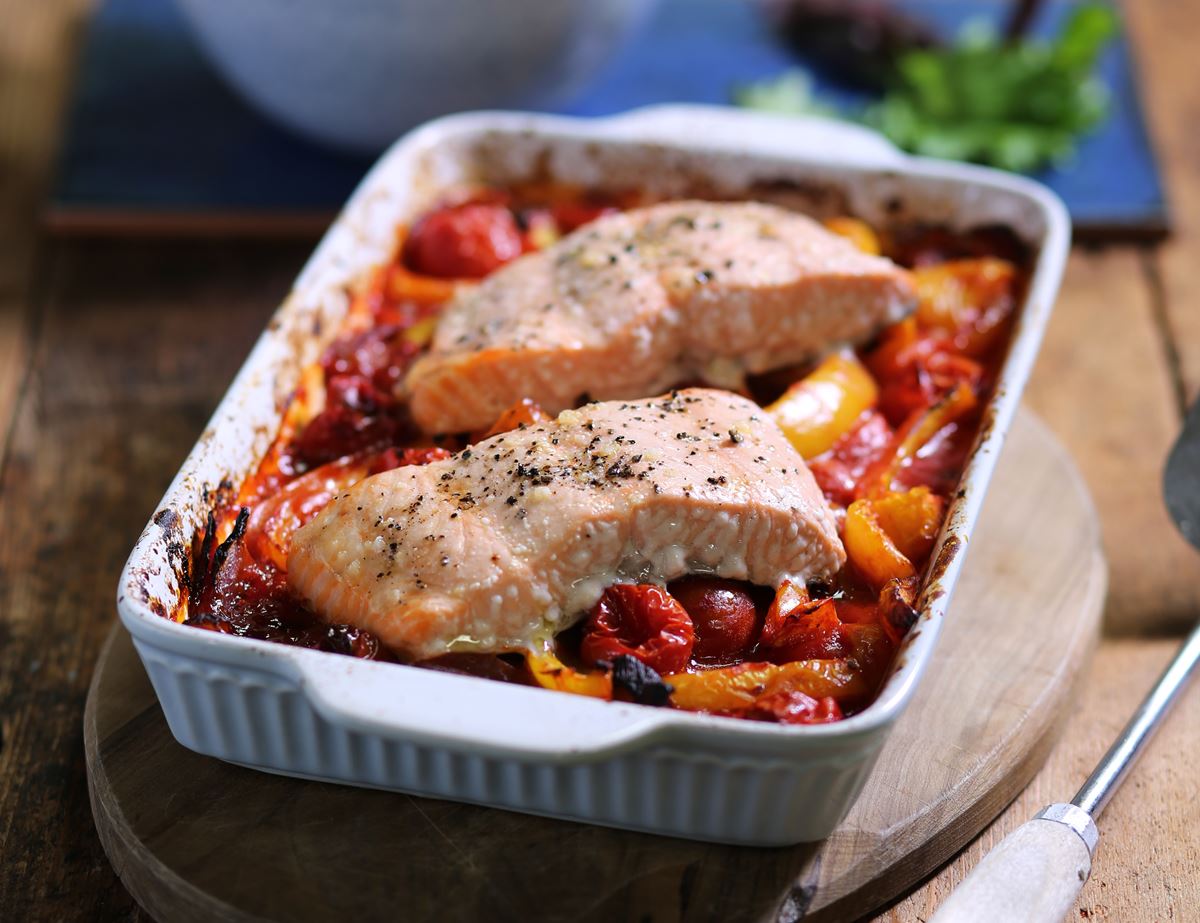 One Pan Salmon with Roast Peperonata