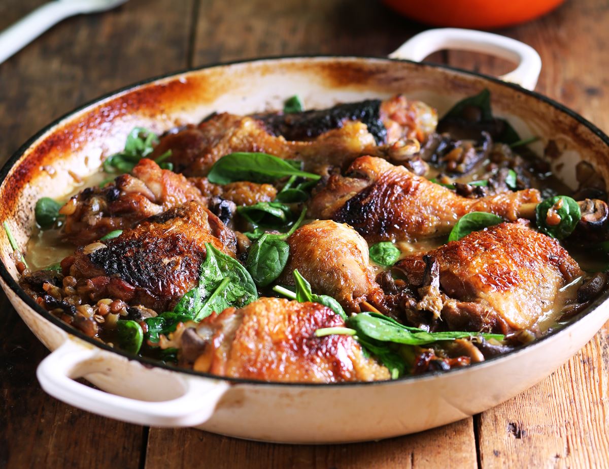 Braised Chicken with Mushrooms & Lentils