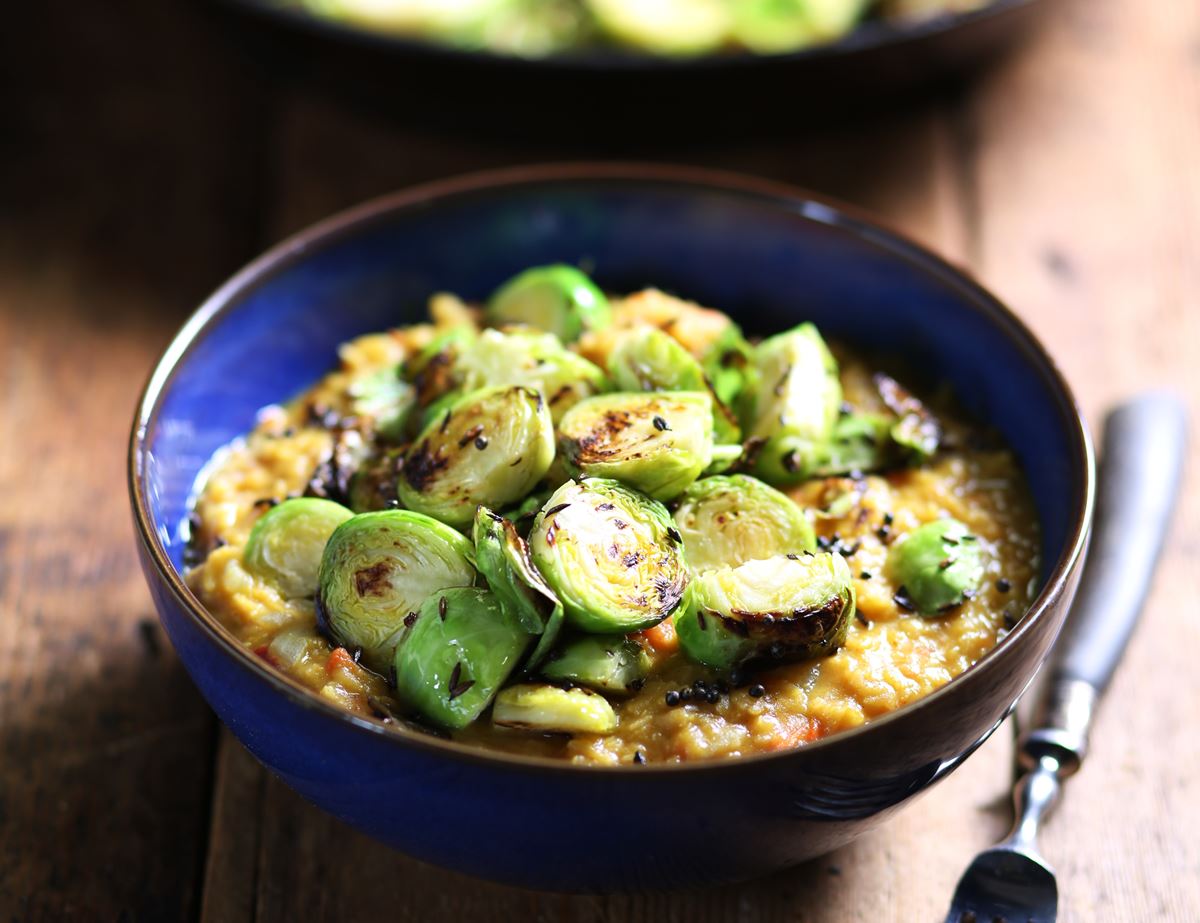 Curried Brussels Sprouts with Creamy Coconut Lentils