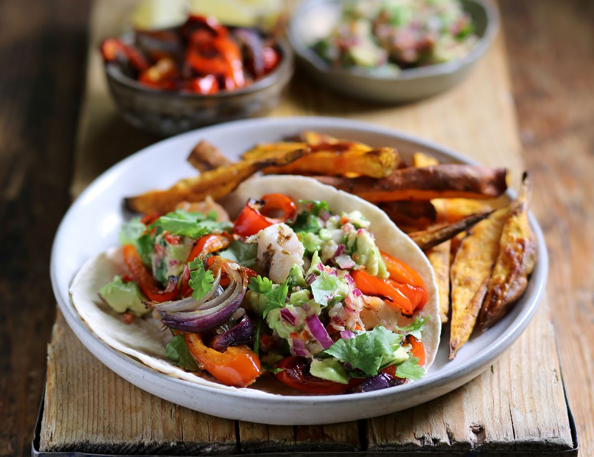 Fish Tacos with Guacamole & Sweet Potato Chips