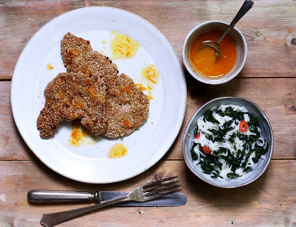 Sesame-Crusted Pork Escalopes with Orange & Ginger Sauce