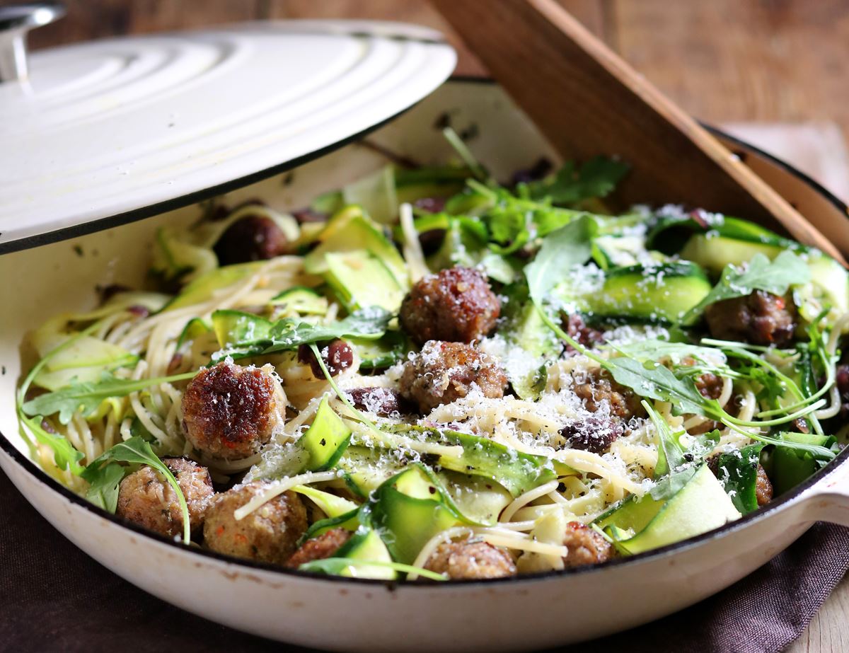 Speedy Spaghetti with Lamb Meatballs, Olives & Rosemary