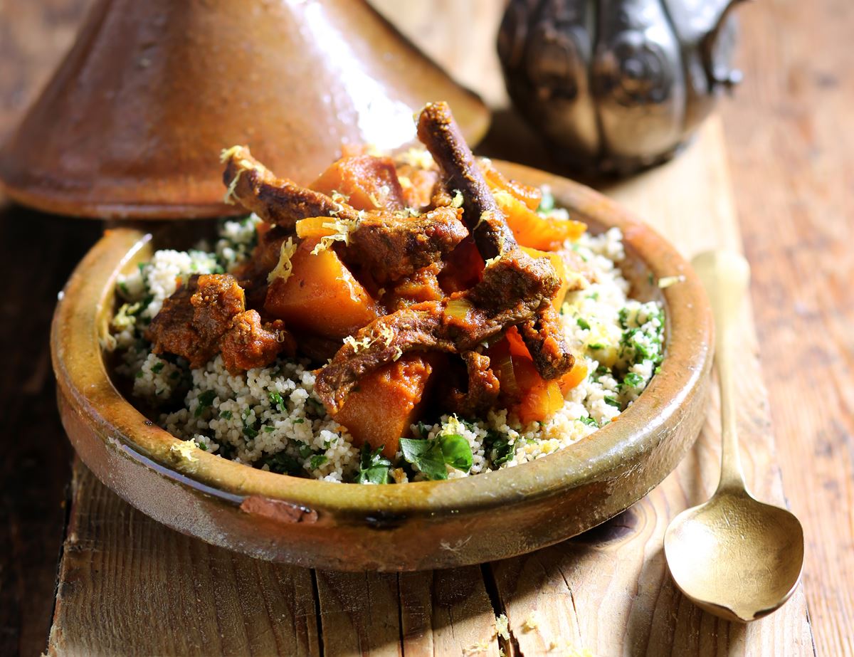 Moroccan Turmeric Beef & Squash Stew with Lemon Spinach Couscous