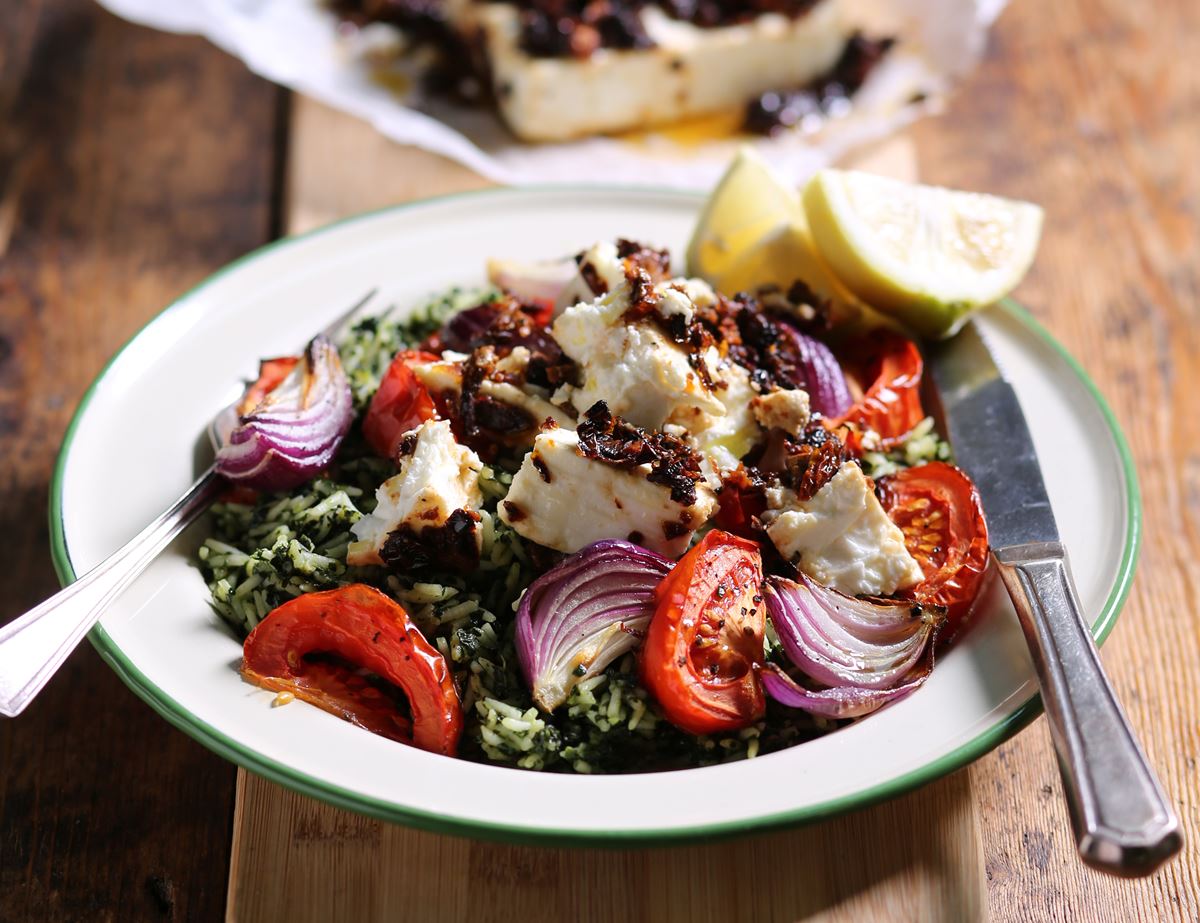 Sun Dried Tomato Roasted Feta with Arroz Verde