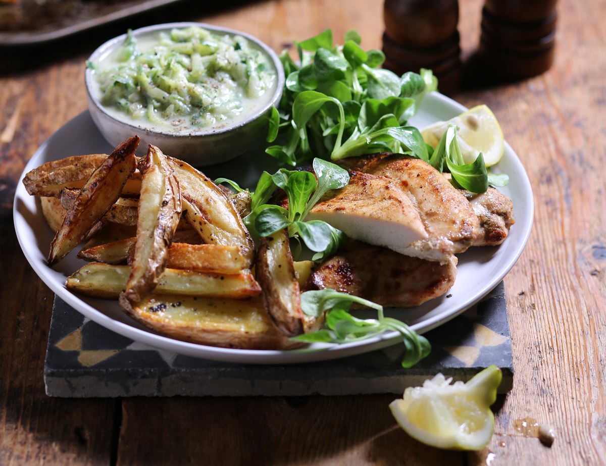 Indian Spiced Chicken & Chips with Cucumber Raita