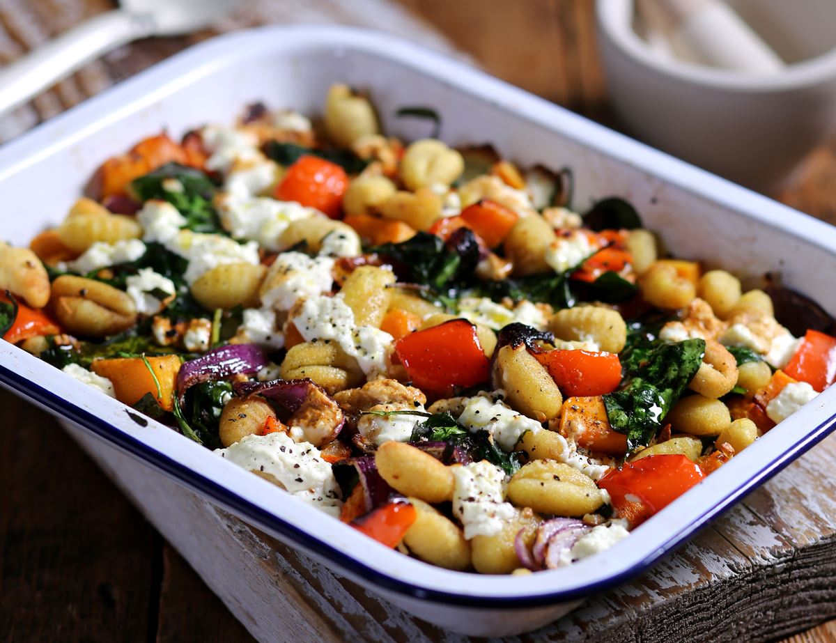 One Pan Roast Gnocchi with Squash, Sheep's Cheese & Spinach