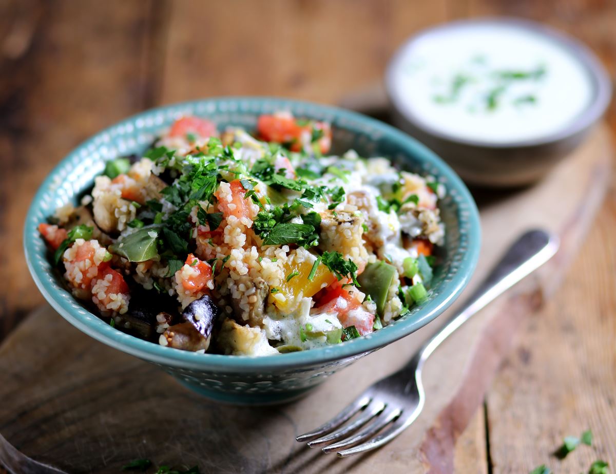 Syrian Smoked Aubergine, Fig & Bulgar Wheat Salad