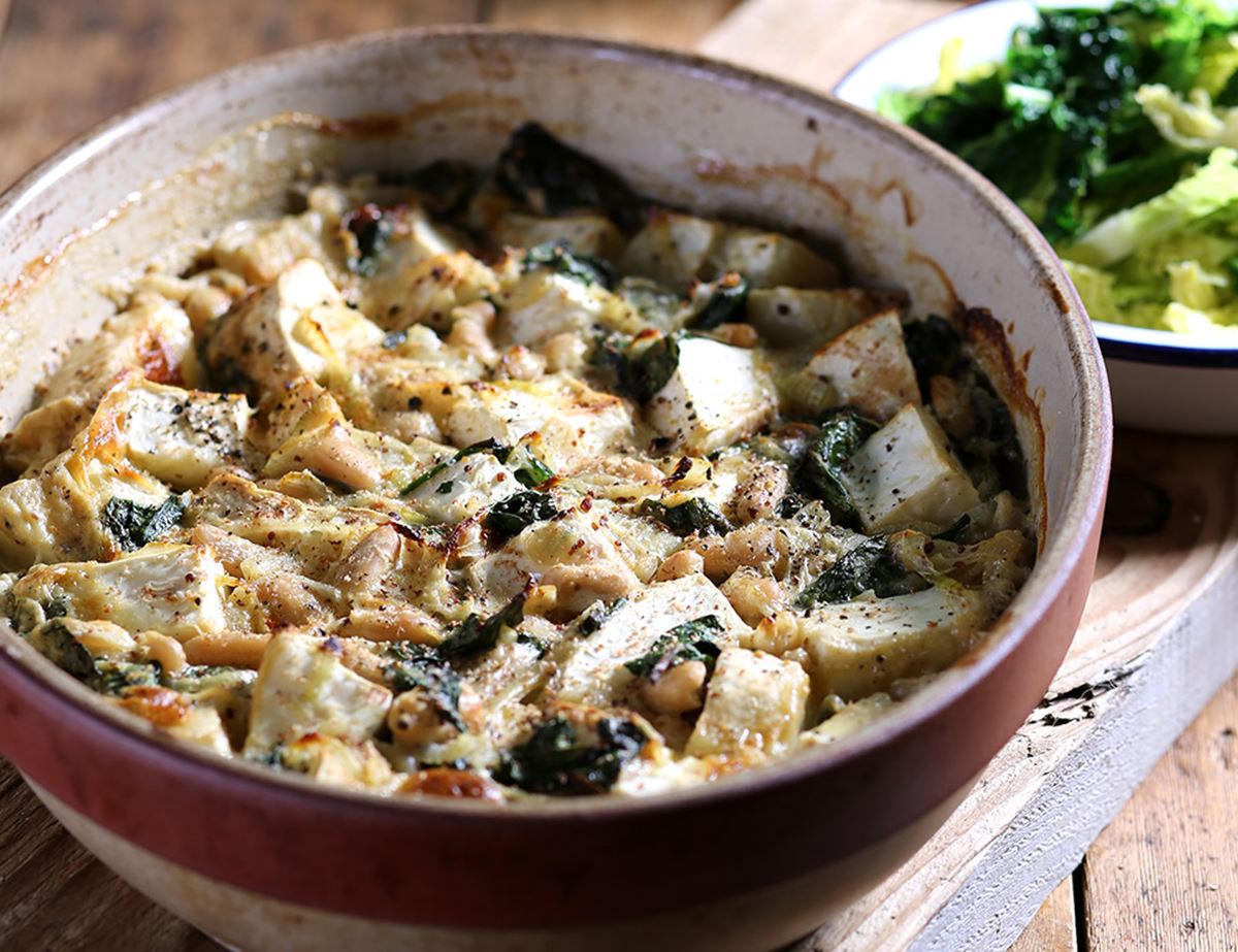 Creamy Celeriac & Cannellini Bean Bake with Lemony Cabbage