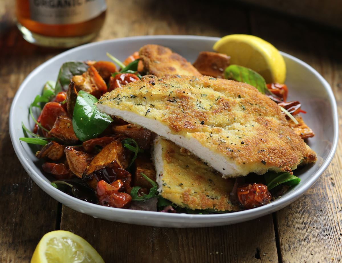 Rosemary Chicken Schnitzel with Garlicky Roast Sweet Potatoes