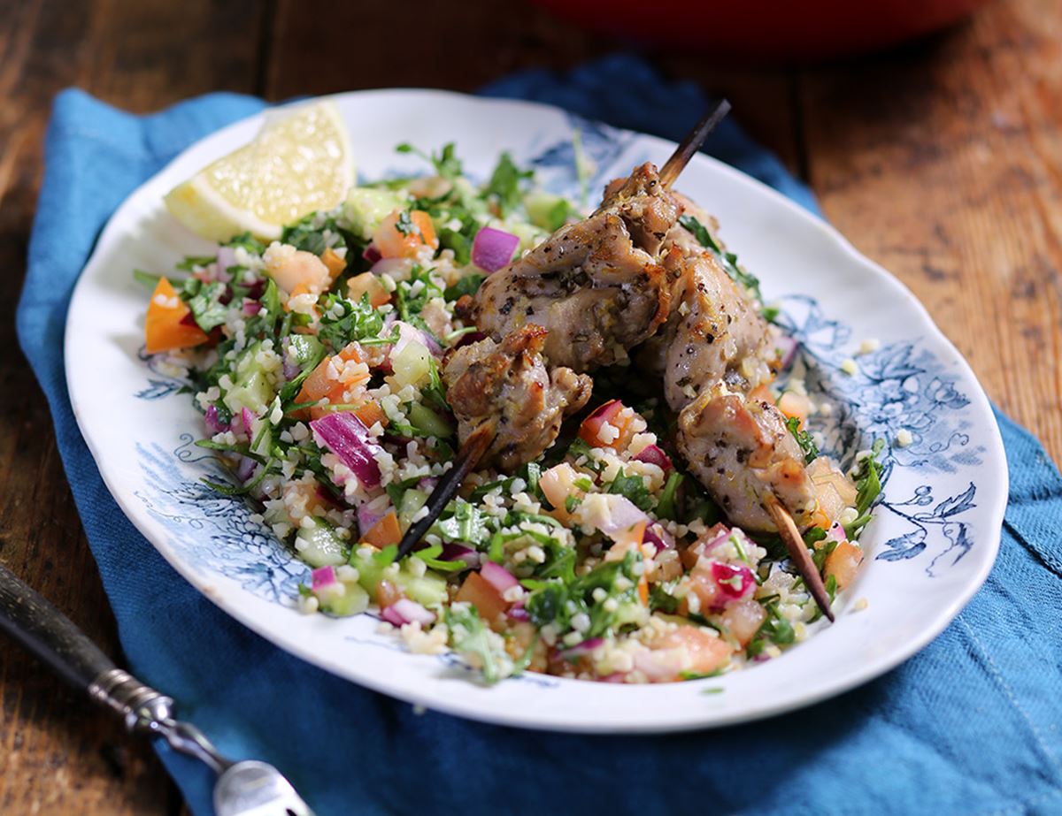 Garlic, Lemon & Oregano Chicken Kebabs with Bulgar Salad