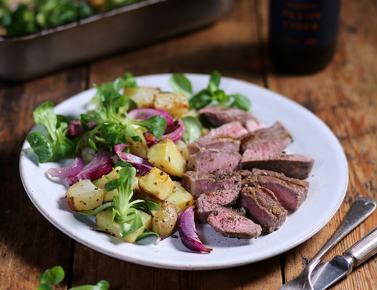 Mountain Herb Lamb Steaks with Roast Potato Salad