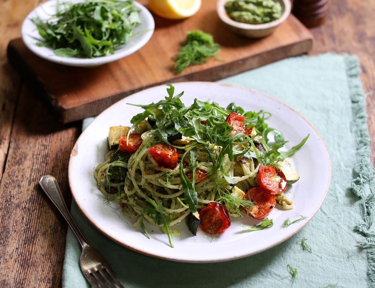 Zesty Cashew Pesto Spaghetti with Roasted Vegetables