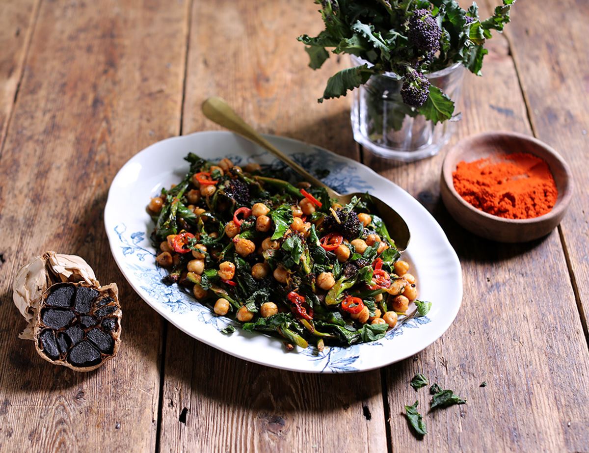 Speedy Purple Sprouting Broccoli with Black Garlic & Chickpeas 