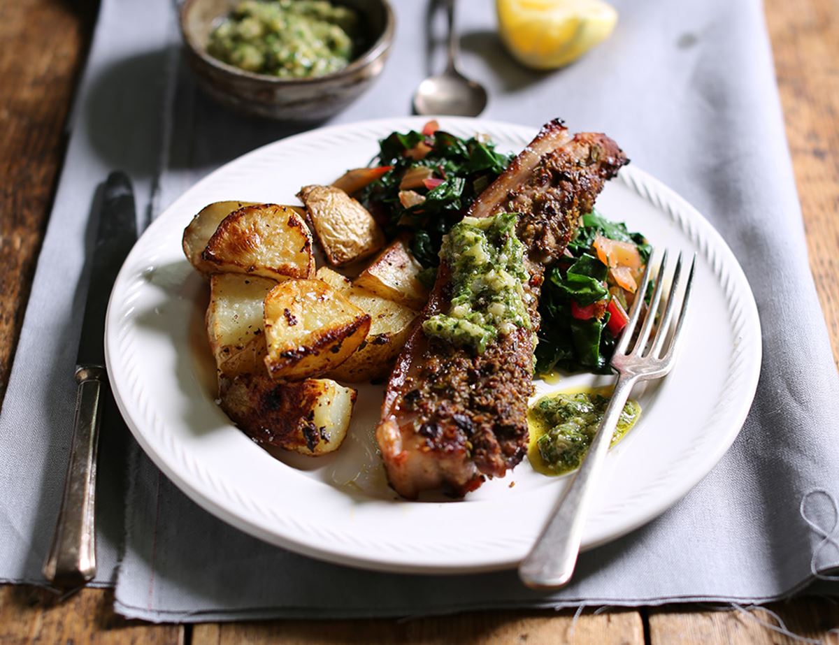 Porchetta Spiced Pork Belly with Parsley Salsa & Roast Potatoes