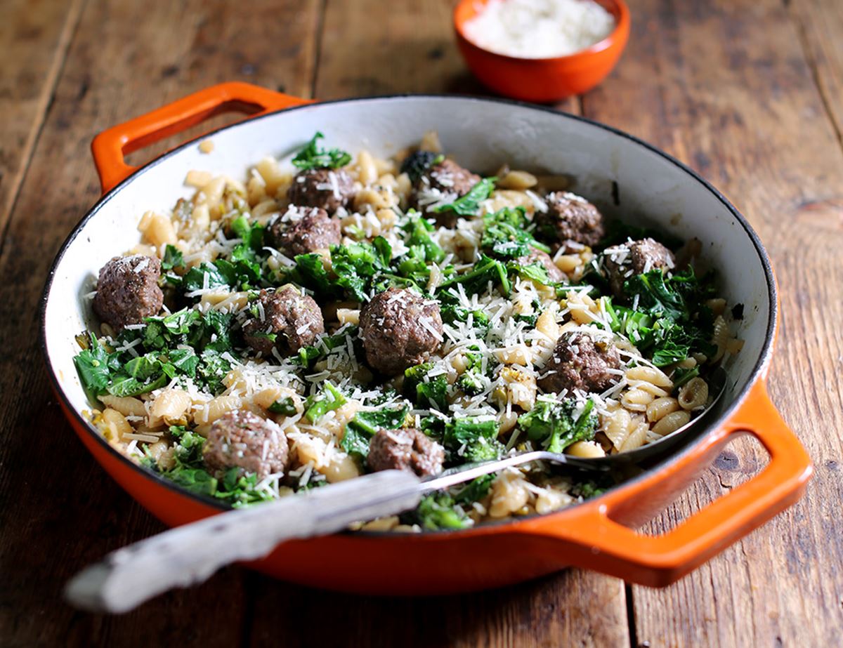 One Pan Meatballs & Pasta with Purple Sprouting Broccoli