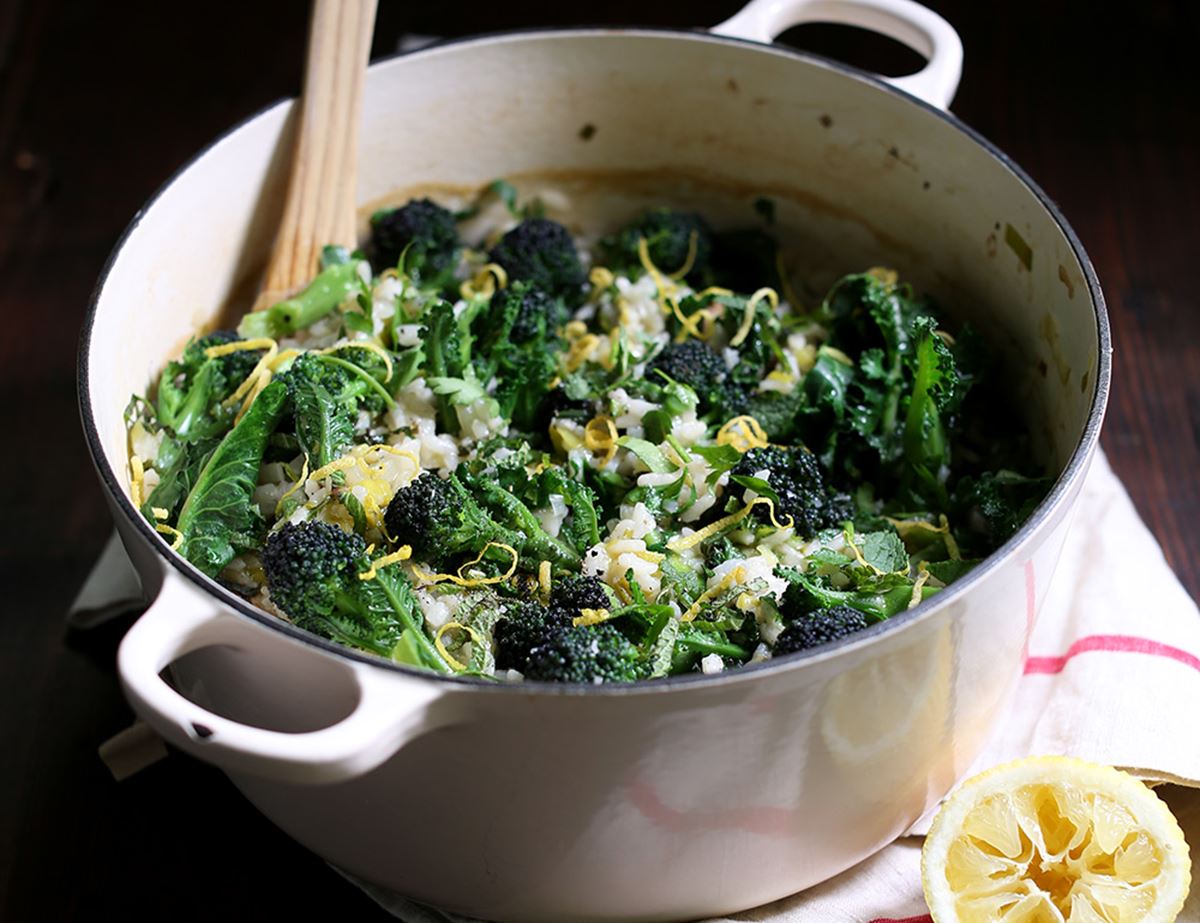 Purple Sprouting Broccoli, Mushroom & Green Herb Baked Risotto