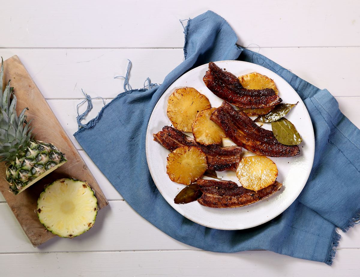 Jerk Pork Belly Strips with Roasted Pineapple