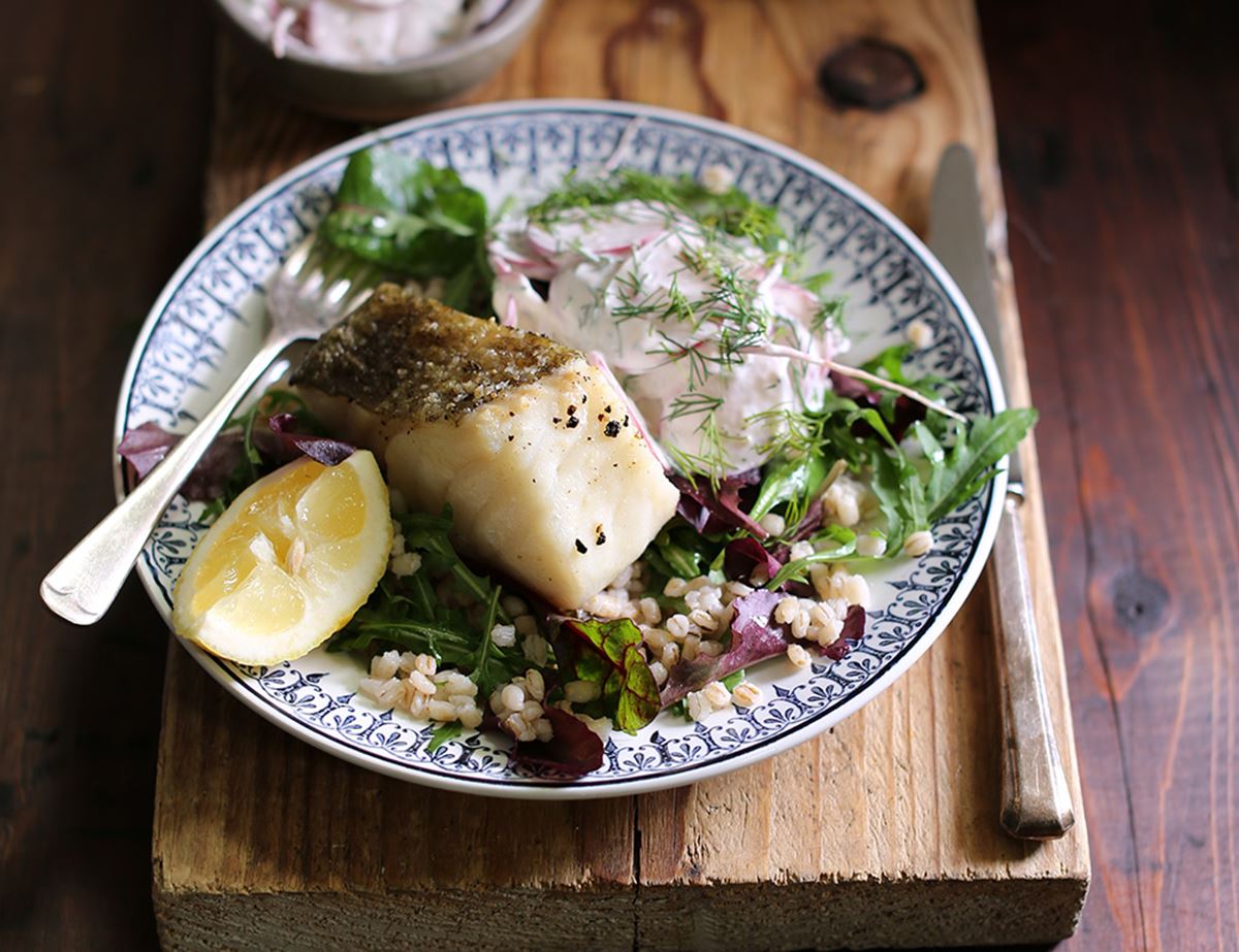 Crispy Grilled Cod with Radish Twistziki