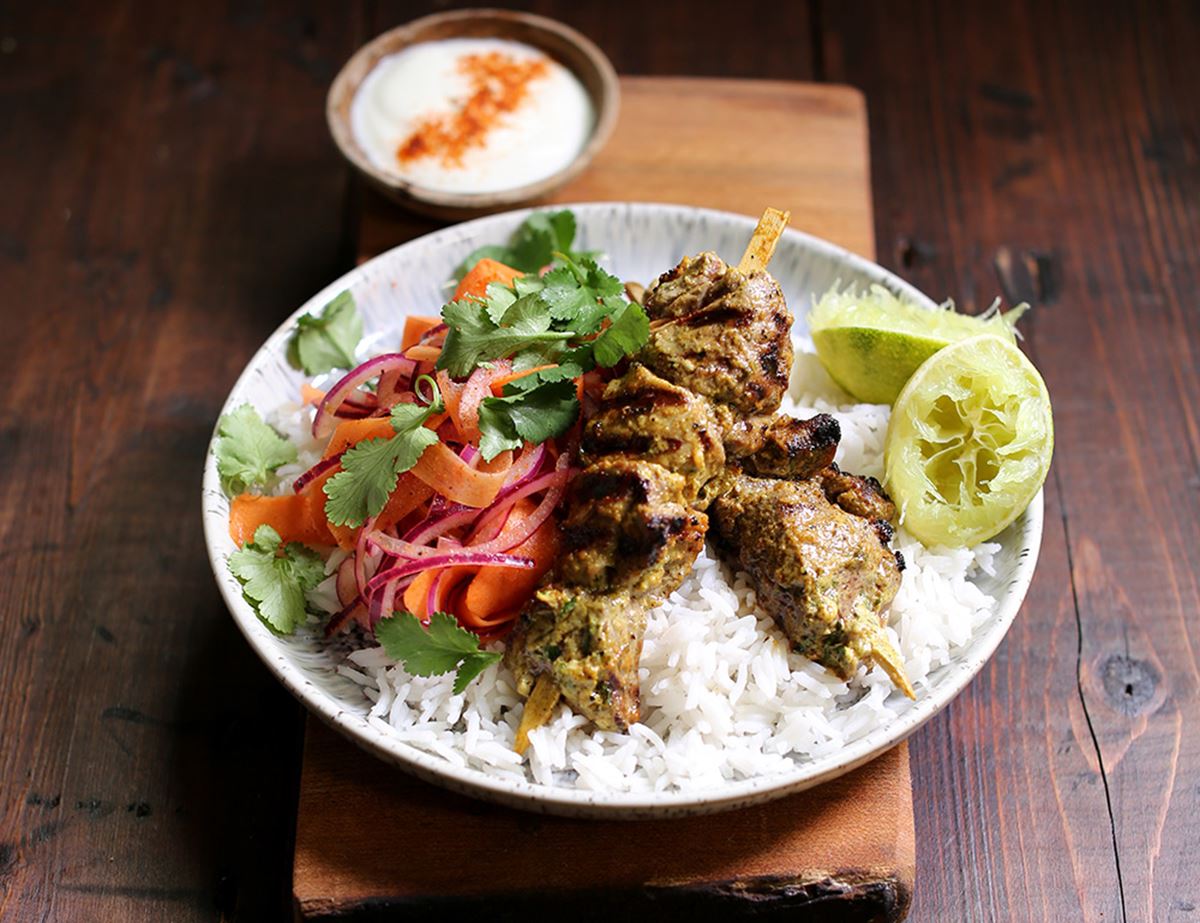 Lamb Boti Kebabs with Quick Lime Pickles & Rice