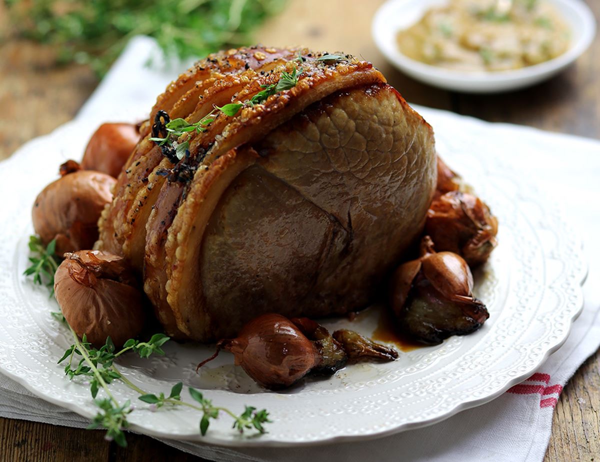 Roast Pork Leg with Shallots & Garlic Mustard