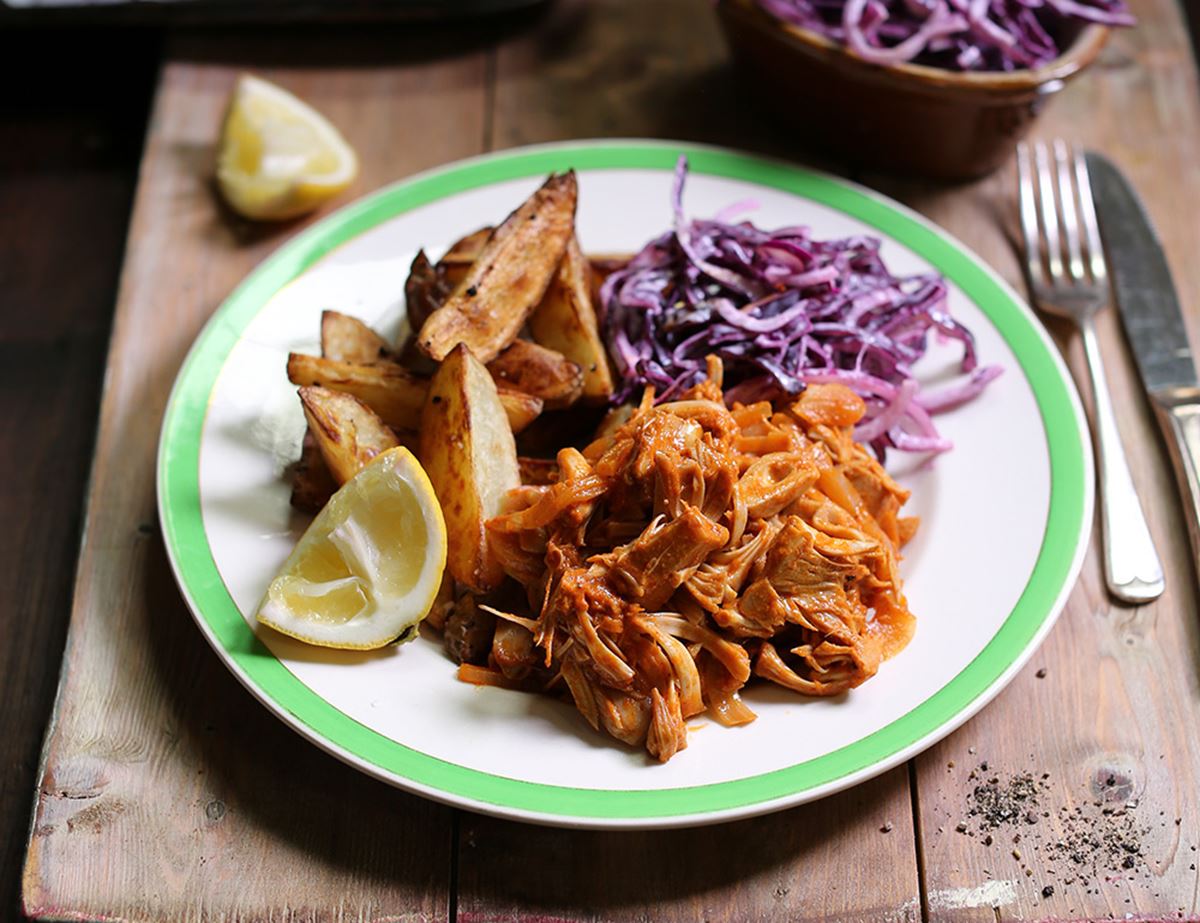Pulled Barbecue Jackfruit with Cabbage Slaw & Wedges