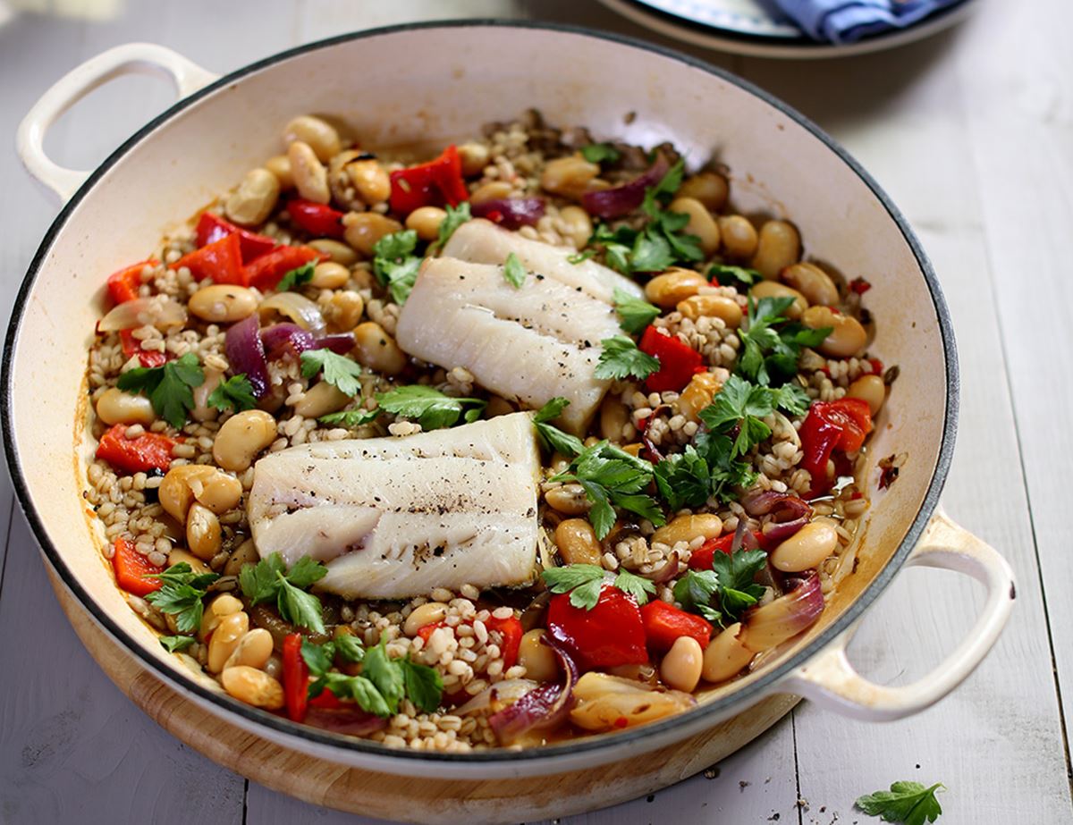 One Pan Roast Pollock with Butter Beans