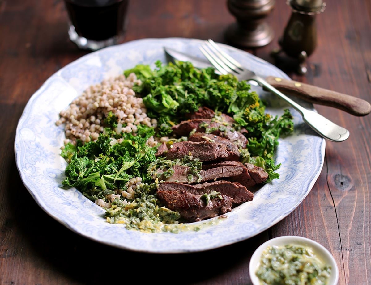 Seared Venison Steaks with Herb Sauce & Lemon Greens