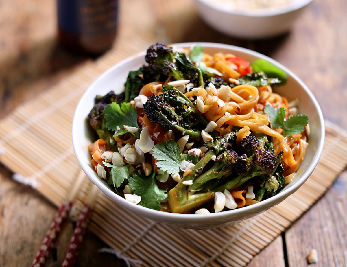 Speedy Peanut Butter Noodles with Purple Sprouting Broccoli
